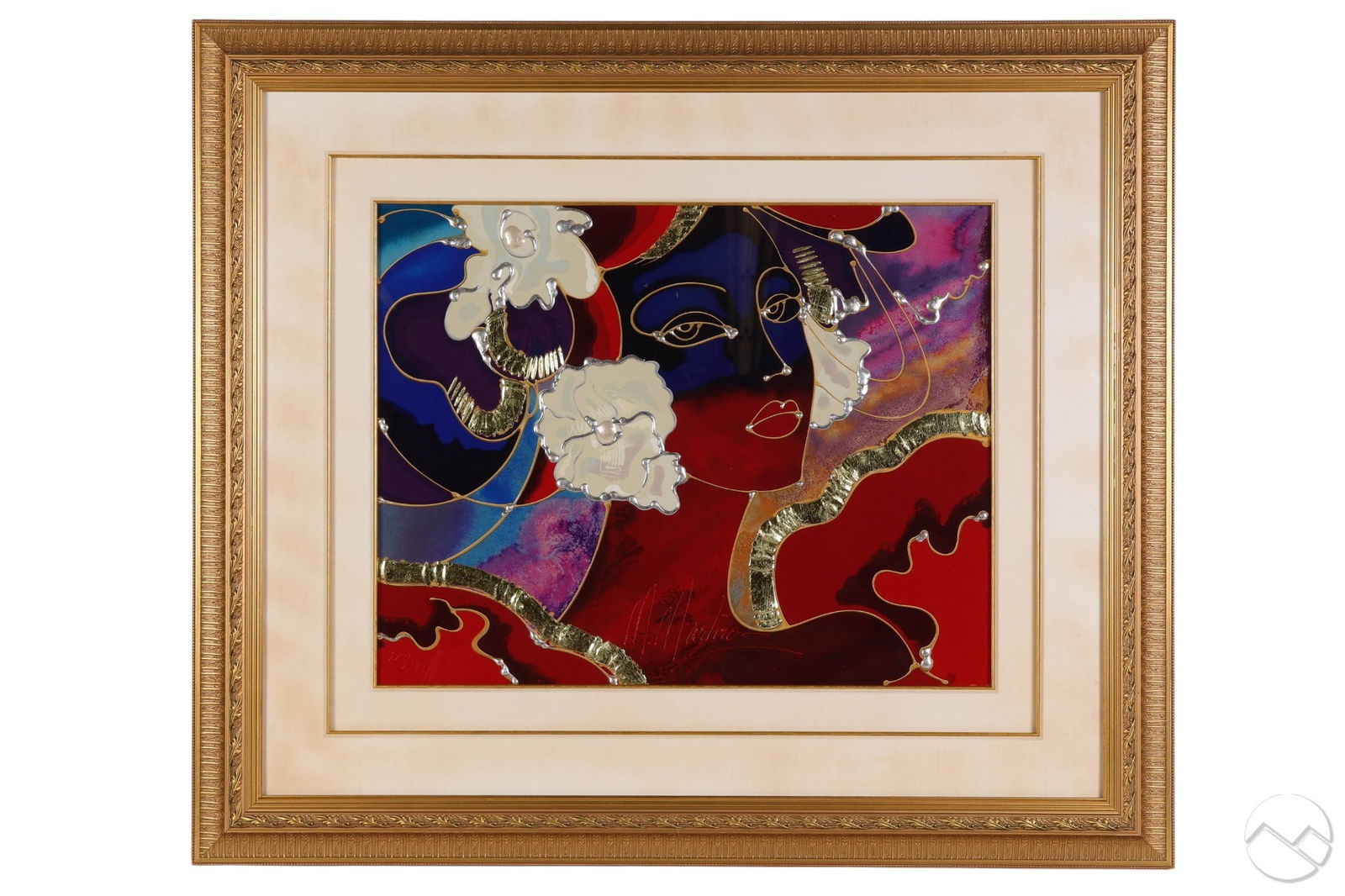 Martiros Manoukian b.1947 Colored Serigraph SIGNED: Martiros Manoukian (Armenian, born 1947), "Golden Shimmer" hand embellished colored serigraph on paper. Depicting an abstract female portrait with floral elements. Executed with red, blue, and purple