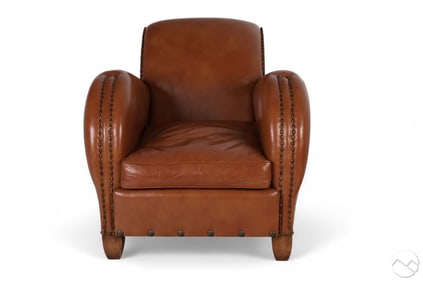 French Art Deco Brown Leather Club Cocktail Chair