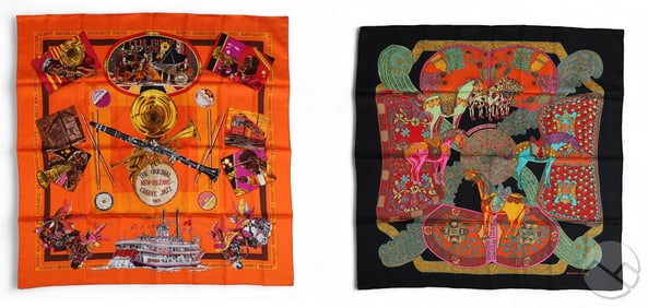 Hermes Art Steppes and New Orleans Silk Scarf LOT