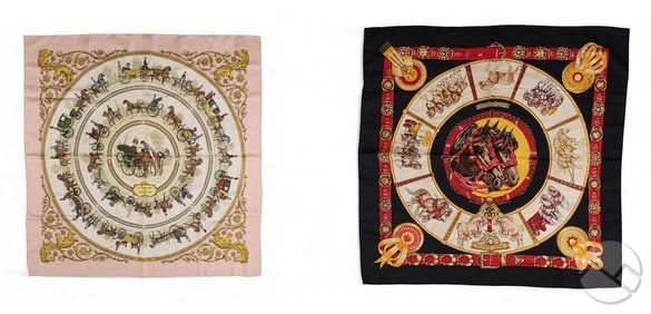 Hermes Paris Vintage Silk Horse Theme Scarf 2p LOT
