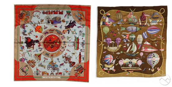 Hermes Paris Folies and Enfance Silk Scarf 2pc LOT