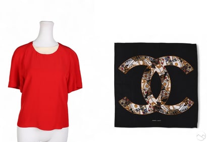 Chanel Boutique Red Blouse & Print Silk Scarf LOT