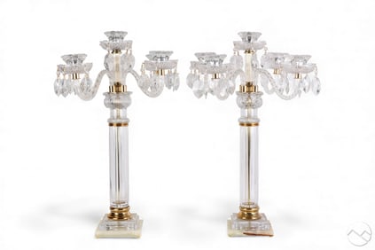Baccarat Style Pair Crystal Five Light Candelabras