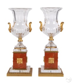 Baccarat Style Pair Crystal Gilt Bronze Urn Vases
