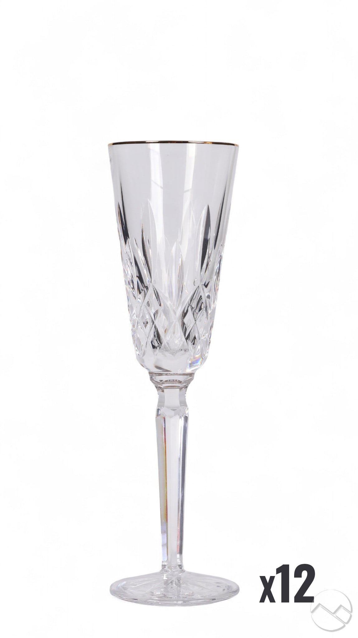 Waterford Golden Lismore Fluted Champagne 12pc SET: Waterford crystal set of twelve fluted champagne goblets in the Golden Lismore pattern, produced 1995 to 2019. Features include diamond and wedge cut bowls with vertical cuts, polished gold rims, face