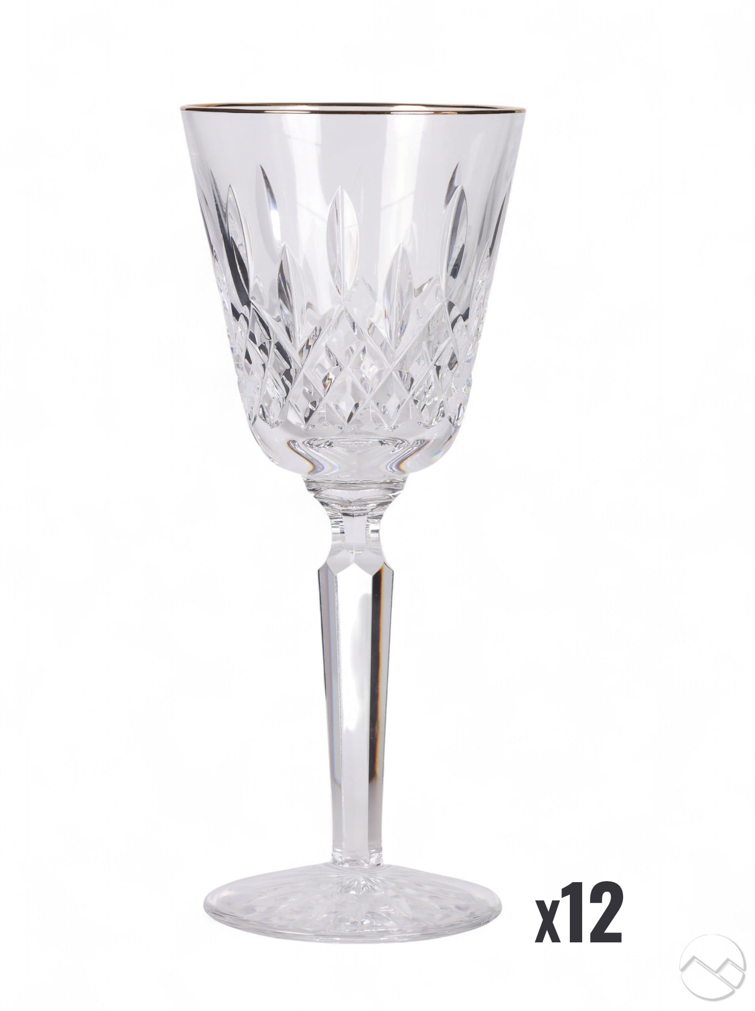 Waterford Golden Lismore Wine Goblets 12pc SET: Waterford crystal set of twelve wine goblets in the Golden Lismore pattern, produced 1995 to 2019. Features include diamond and wedge cut bowls with vertical cuts, polished gold rims, faceted stems, a