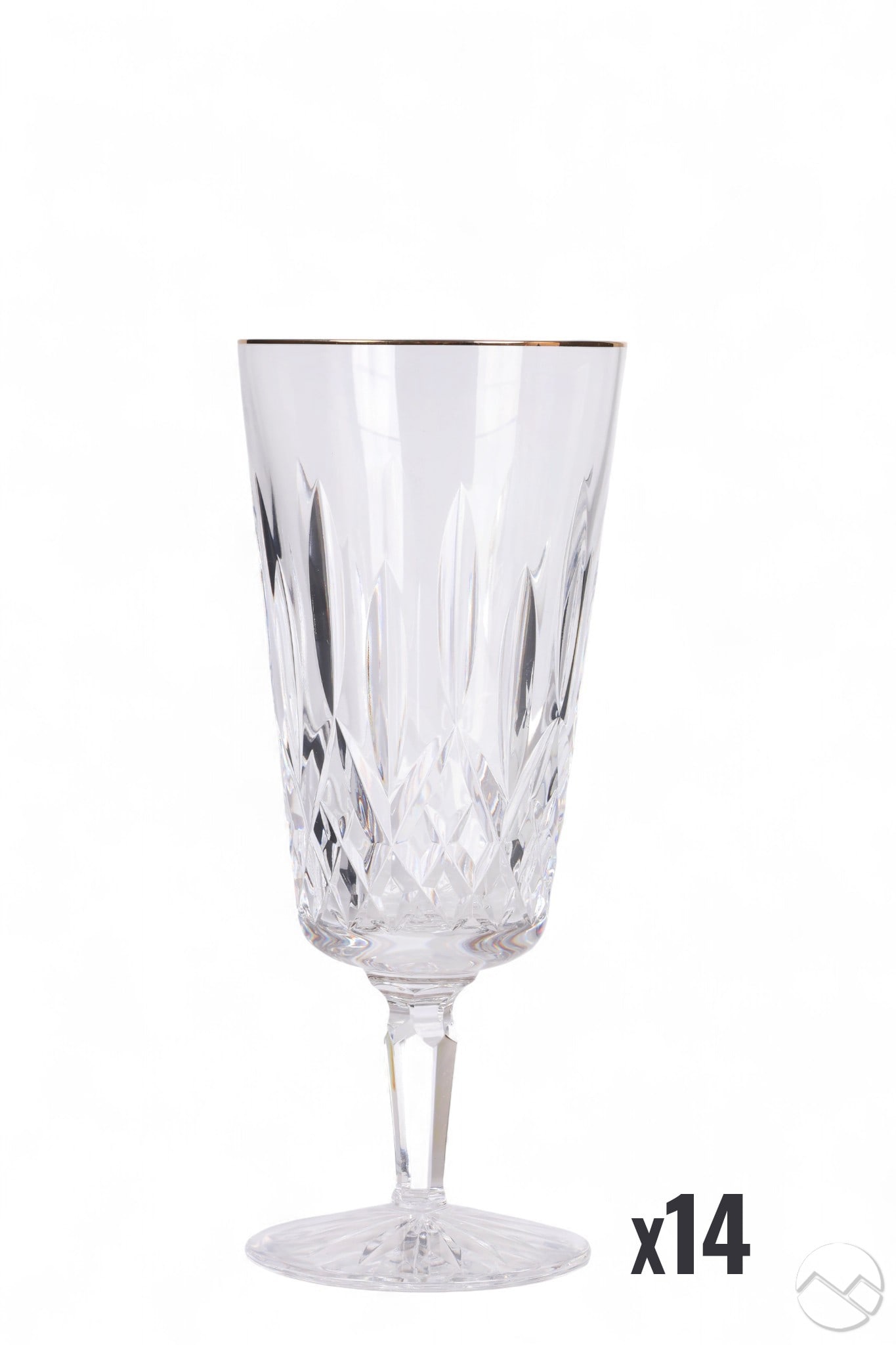 Waterford Golden Lismore Iced Tea Goblets 14p SET: Waterford crystal set of fourteen Golden Lismore pattern ice tea drinking glass goblets produced 1995-2019. Bowls feature a diamond and wedge design with vertical cuts, a polished gold rim, a faceted