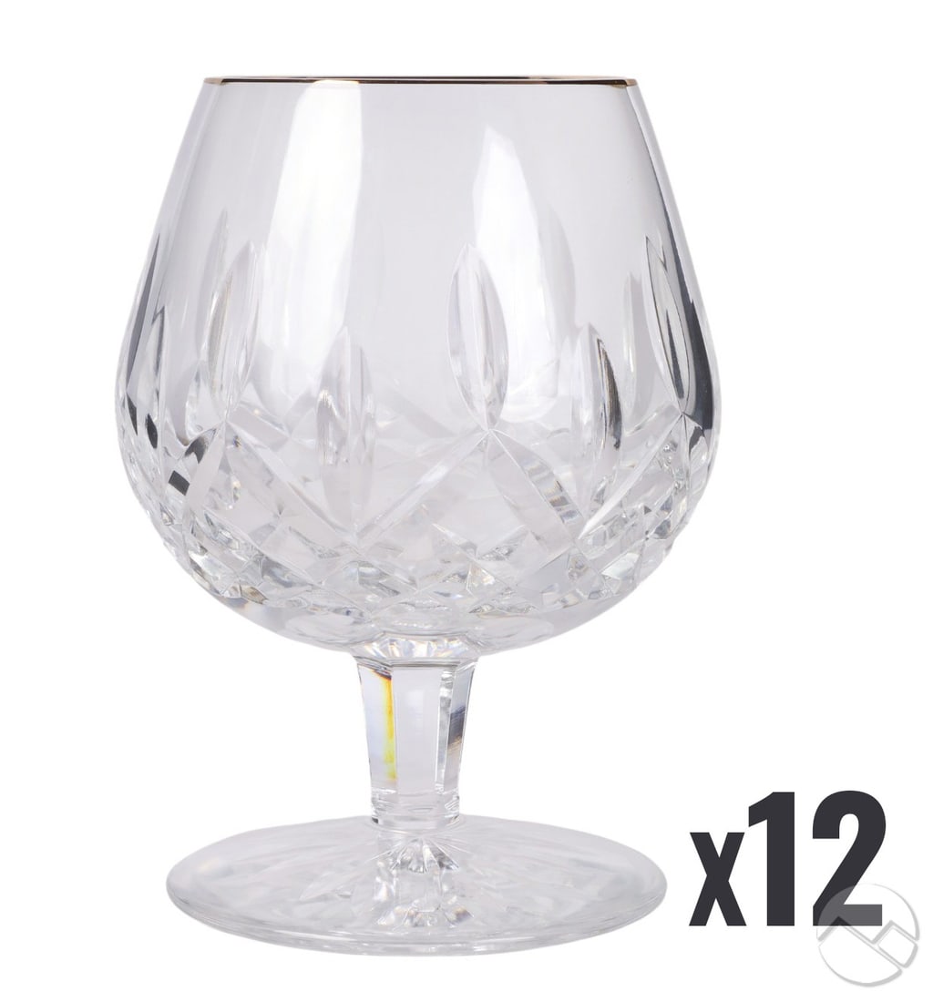 Waterford Golden Lismore Brandy Goblets 12pc SET: Waterford crystal set of twelve Golden Lismore pattern barware brandy snifter glass goblets produced 1995-2019. Bowls feature a diamond and wedge design with vertical cuts, a polished gold rim, a shor
