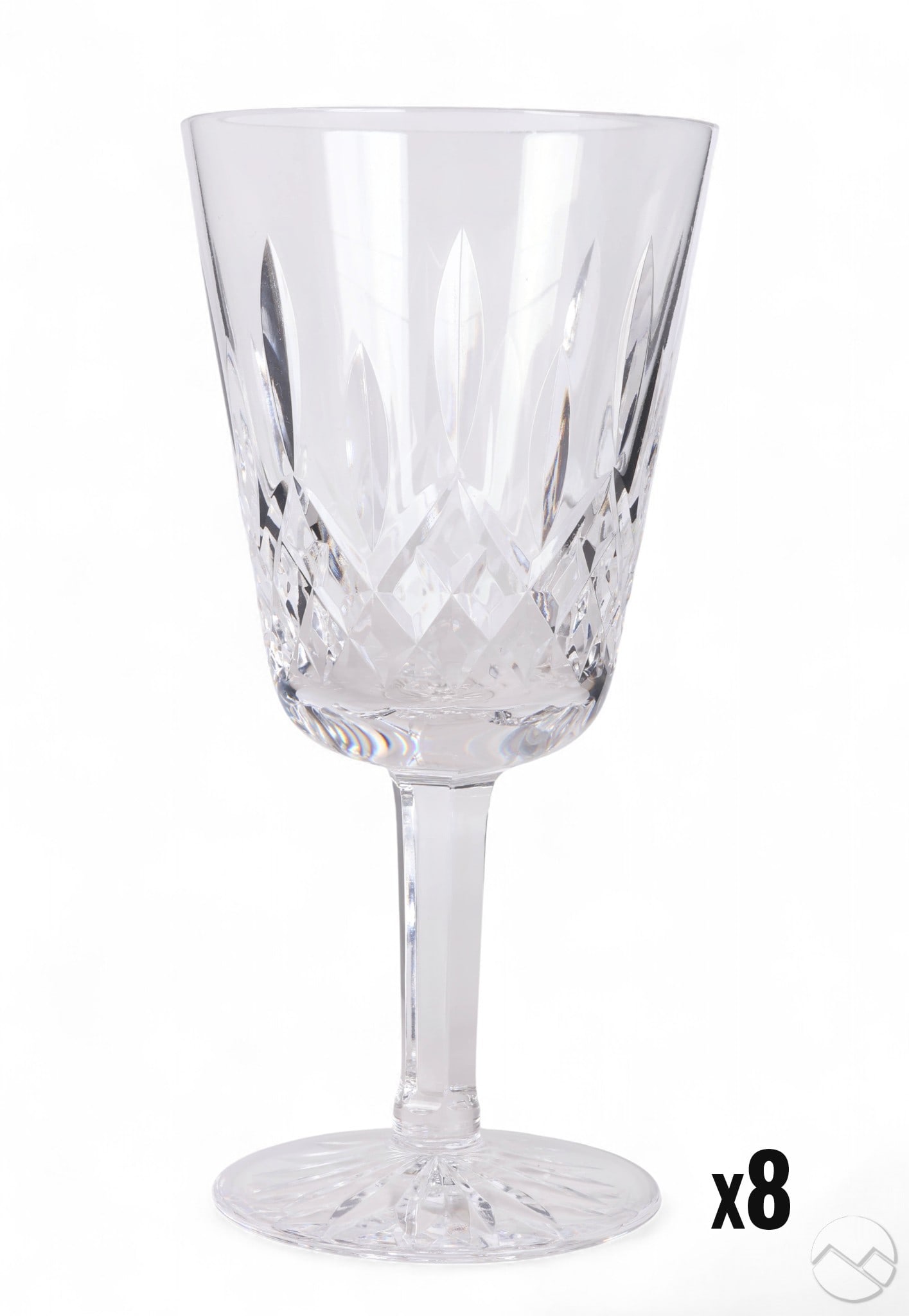 Waterford Crystal Lismore Glass Water Goblets SET: Waterford crystal set of eight Lismore pattern water drinking glass goblets, circa 1952. Bowls feature a diamond and wedge design with vertical cuts, a faceted stem and a sixteen point cut star to the