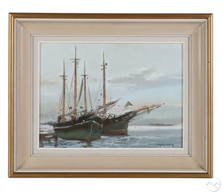 Rene Marie Dujardin 1913-2002 Ships Oil Painting
