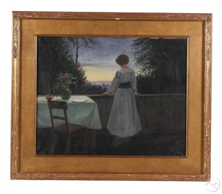 Woman on Terrace at Sunset Oil Painting SIGNED