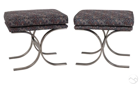 Pair Milo Baughman Style Chrome X Base Ottomans