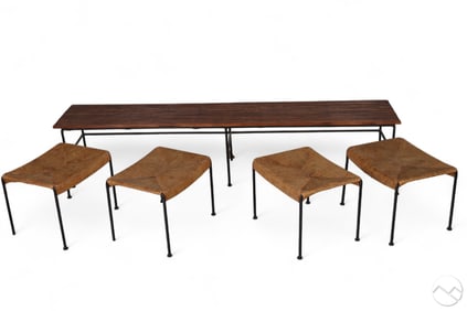 Long Wooden Bench & Four Woven Rush Stools 5pc LOT