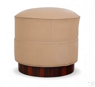 Rosewood and Beige Leather Circular Footstool Pouf