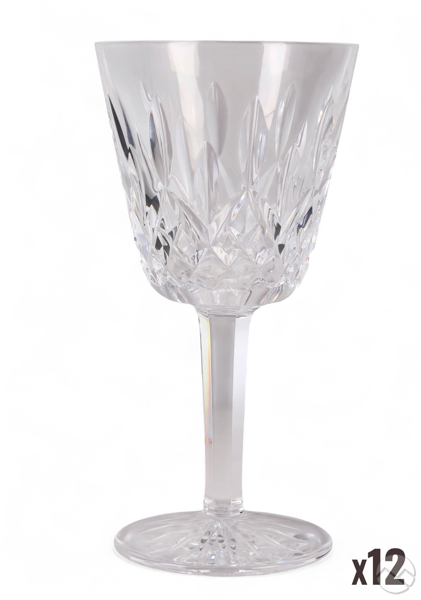 Waterford Crystal Lismore Claret Wine Goblets SET: Waterford crystal Lismore pattern set of twelve barware claret wine glass drinking goblets, circa 1952. Bowls feature a diamond and wedge design with vertical cuts, a faceted stem and a sixteen point