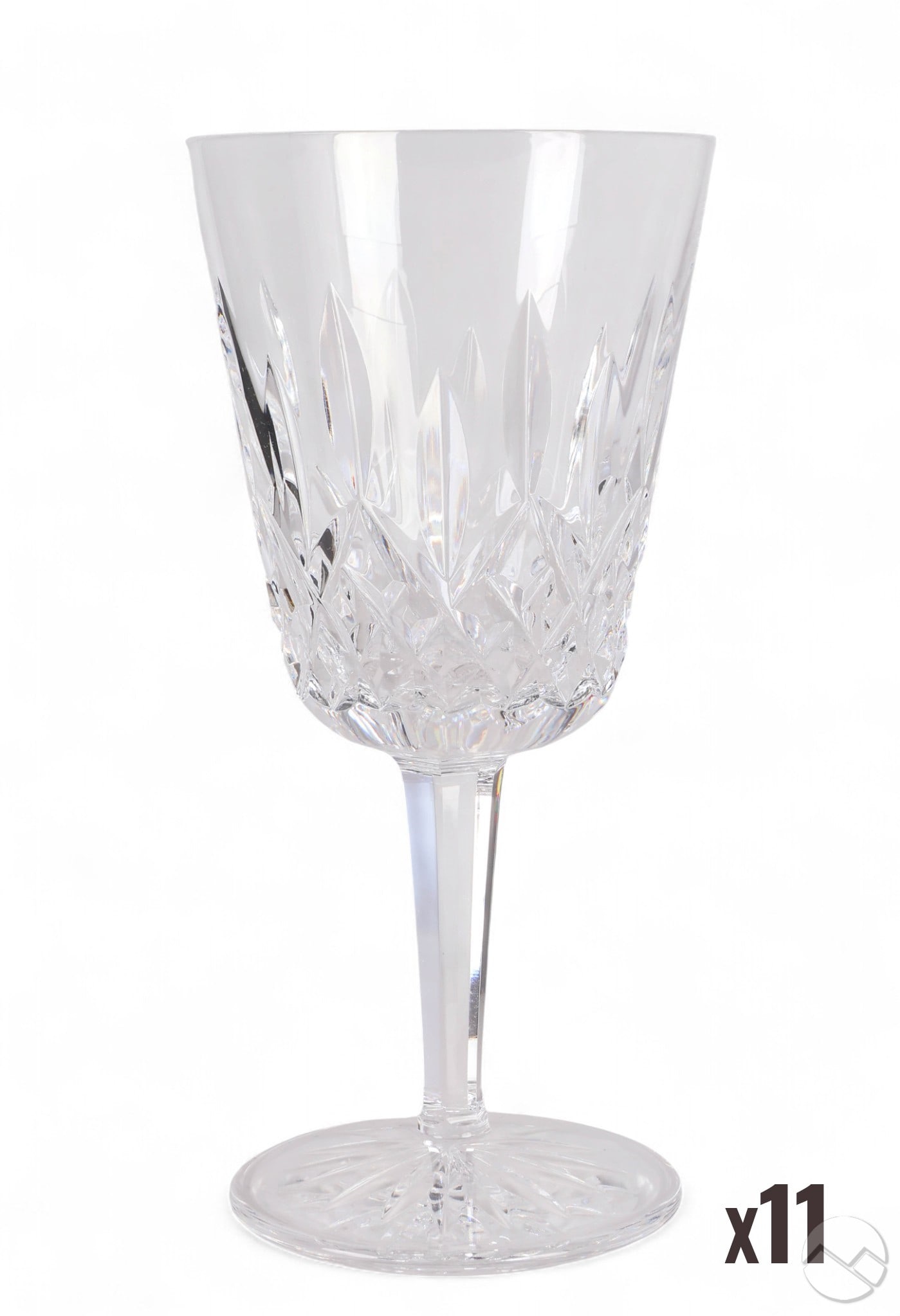 Waterford Crystal Lismore Glass Water Goblets LOT: Waterford crystal eleven piece Lismore pattern water drinking glass goblets, circa 1952. Bowls feature a diamond and wedge design with vertical cuts, a faceted stem and a sixteen point cut star to the