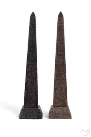 Pair Carved Granite Egyptian Hieroglyphics Obelisk