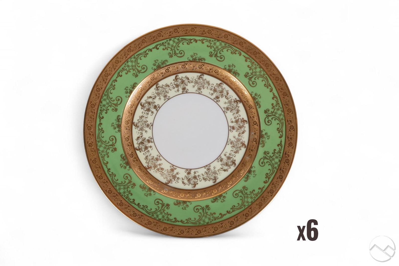 Limoges Porcelain Gold Gilt Dinner Plates 6pc SET: Limoges France porcelain dinner plates, set of six, featuring a wide celadon green border with intricate raised gilt scrollwork surrounding a cream band with additional foliate gilt decoration and a b