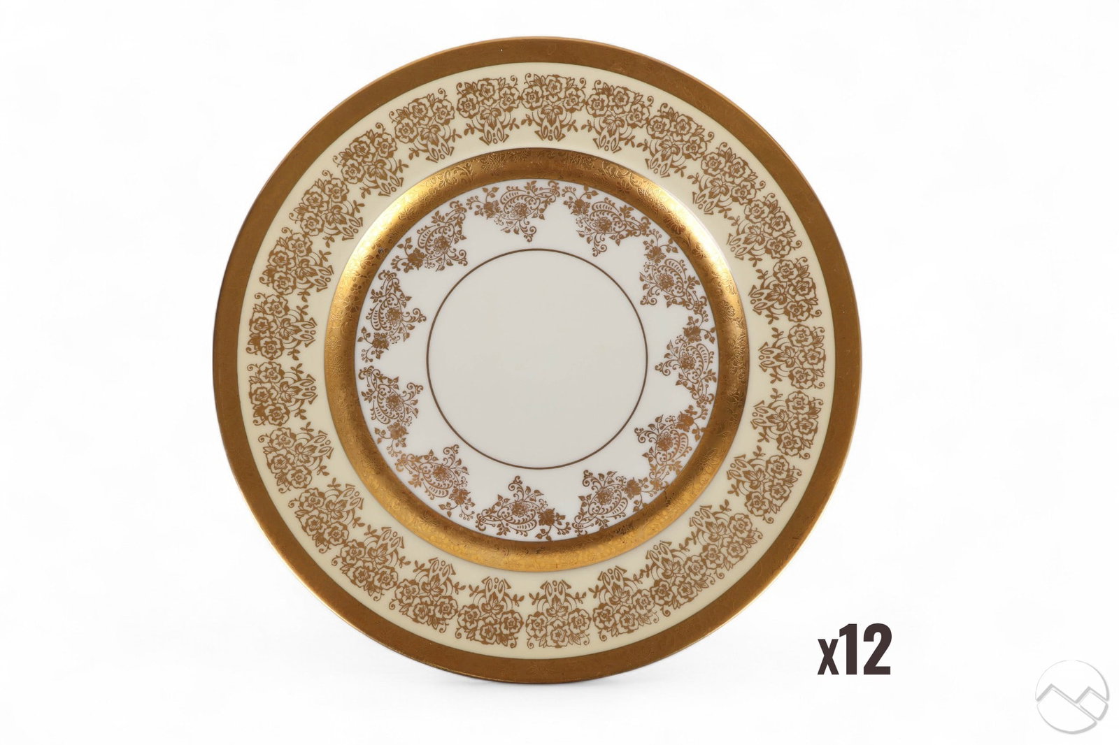 Heinrich Edgerton Porcelain Service Plates 12p SET: Heinrich & Co Bavaria set of twelve porcelain service plates in the Edgerton pattern. Each features a white ground with gold encrusted floral and scroll borders and inner gold banding. Marked H&C Selb