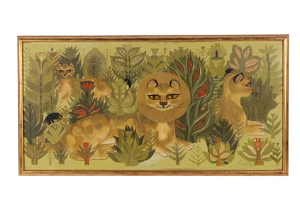 Shelia Flinn b1929 Lions Jungle Scene Oil Painting