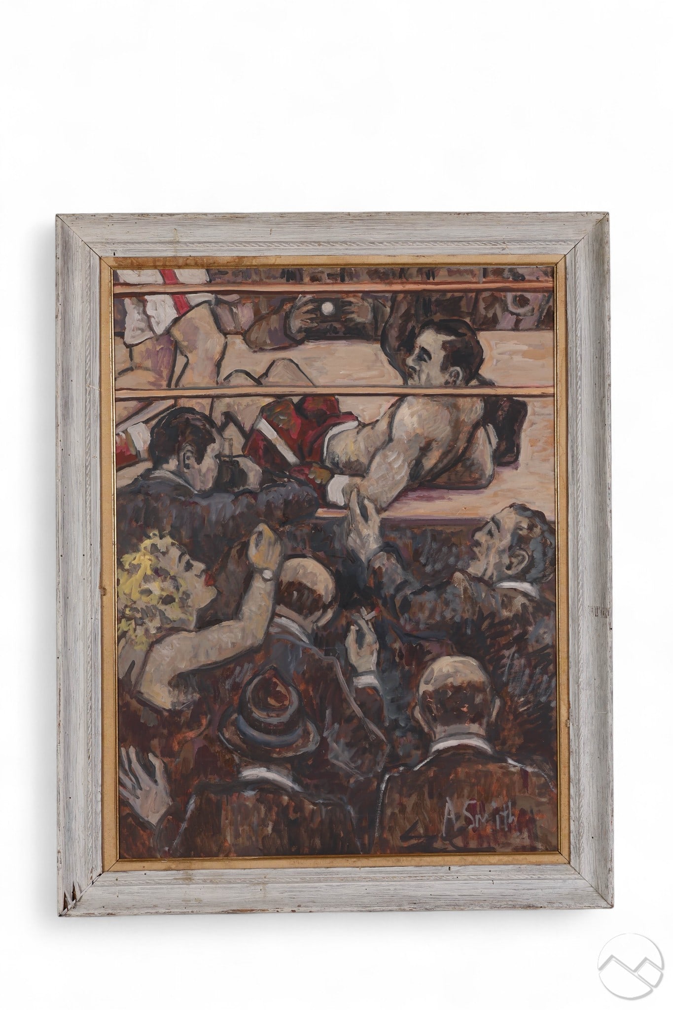 Arthur Smith 1897-1972 American Boxing Painting: Arthur Smith (American, 1897-1972), oil on canvas board depicting a boxing scene. The composition captures a boxer on the mat with onlookers and ringside spectators in the foreground. Signed "A Smith"