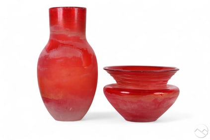 Murano Seguso AV Scavo Red Art Glass Vessel 2p LOT
