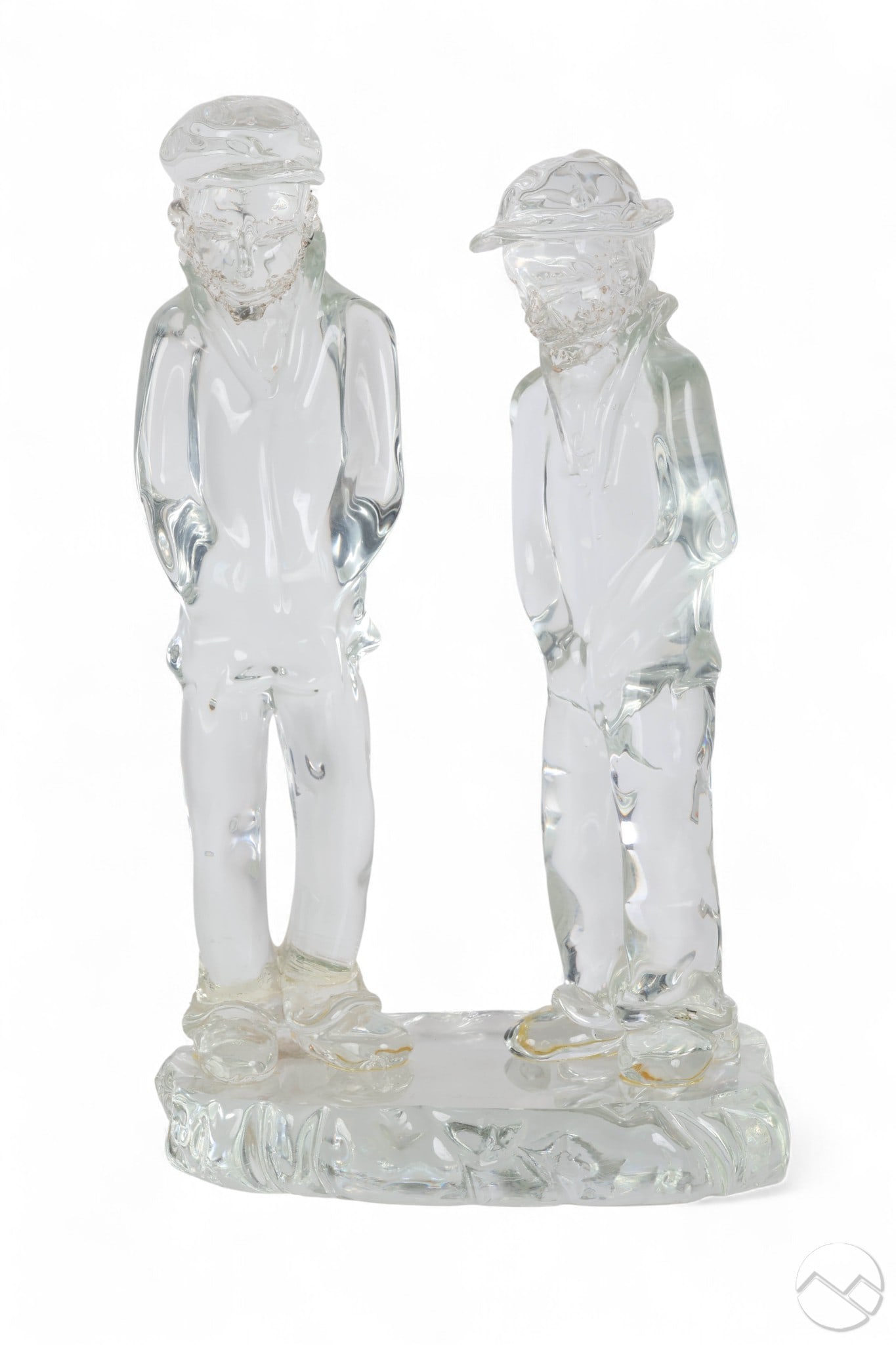 Loredano Rosin 1936-1992 Murano Glass Sculpture: Loredano Rosin (Italian, 1936-1992), clear studio art glass figural sculpture depicting two male figures standing side by side on an oval base. The piece is signed and inscribed with additional etched