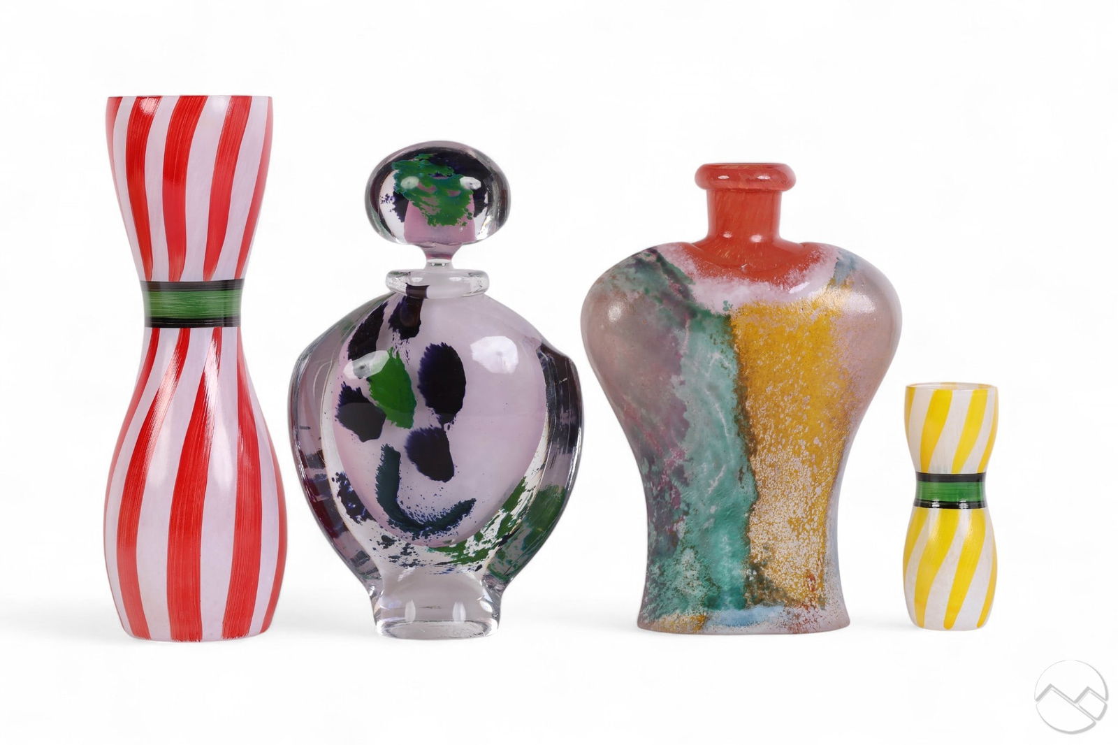 Kosta Boda and French Studio Glass Vase Bottle LOT: Kosta Boda and Eze Village, four piece lot of studio hand blown art glass. Includes two striped vases by Ulrica Hydman Vallien (Swedish 1938-2018), a mottled vase by Kjell Engman (Swedish born 1946) b