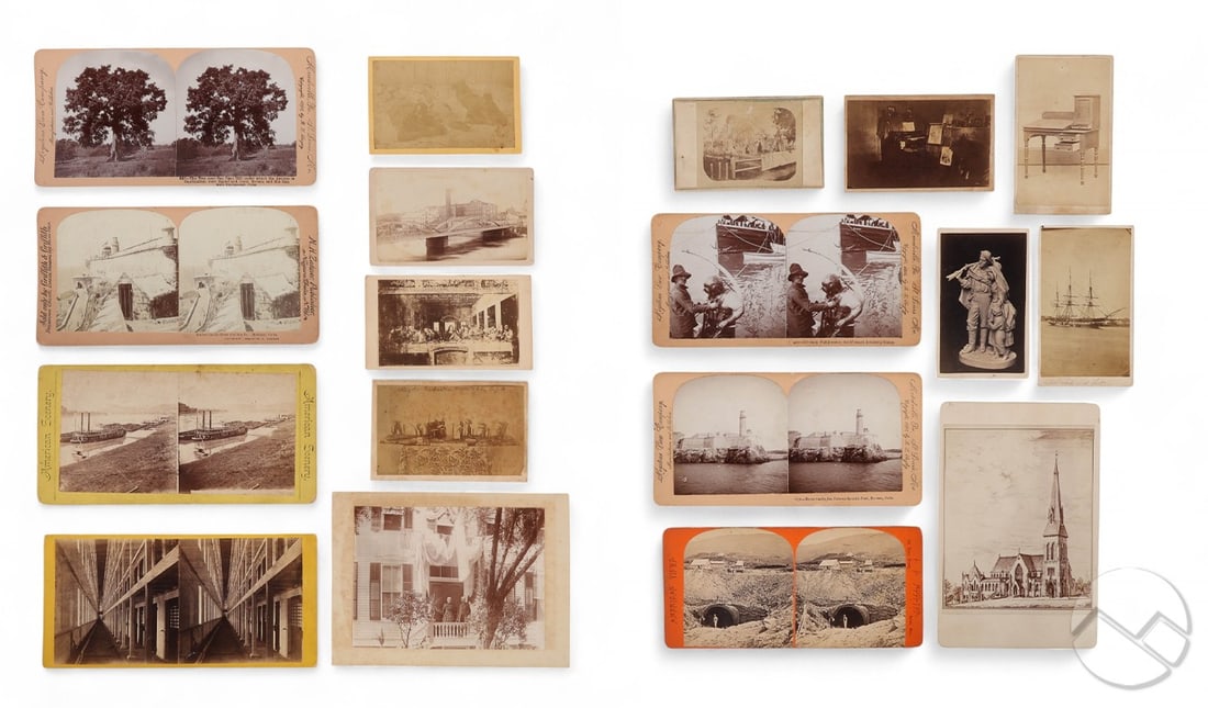 Landscape & Architectural Antique Photos 18pc LOT: Estate grouping of eighteen American late 19th century photographs and stereo views depicting architectural, landscape, Subjects range from engineering works and harbor views to sculptural studies and