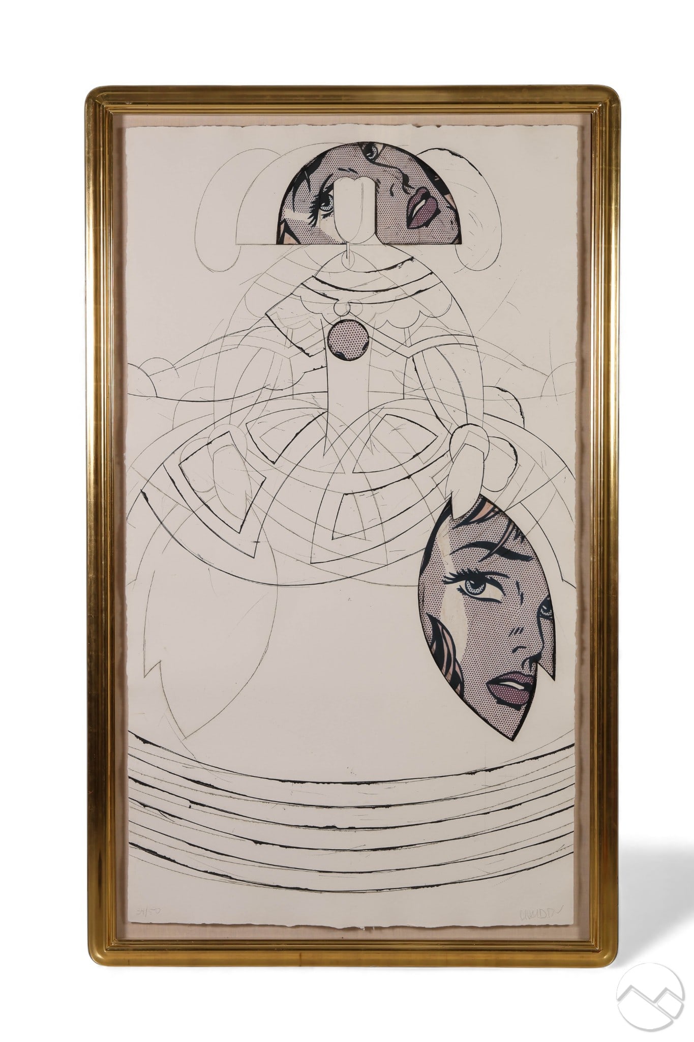 Manolo Valdes b.1942 Reina Mariana Etching SIGNED: Manolo Valdes (Spanish, born 1942), Reina Mariana v.2000, limited edition etching with unique color collage on Eskulan handmade paper. The composition features layered figural and geometric forms arra