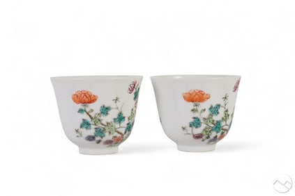 Chinese Famille Rose Pr Floral Moth Porcelain Cups