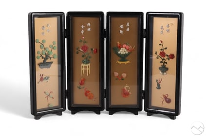 Chinese Jade and Coral Folding Wood Table Screen