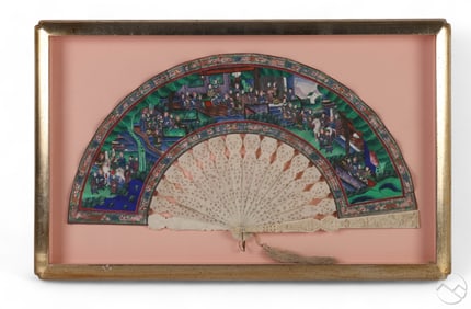 Chinese 19C Silk Painted Court Scene Folding Fan