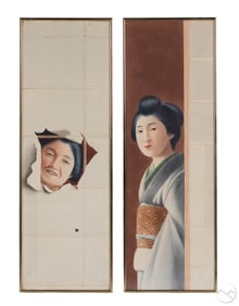 Japanese Pr Lady Portrait Gouache Diptych Painting