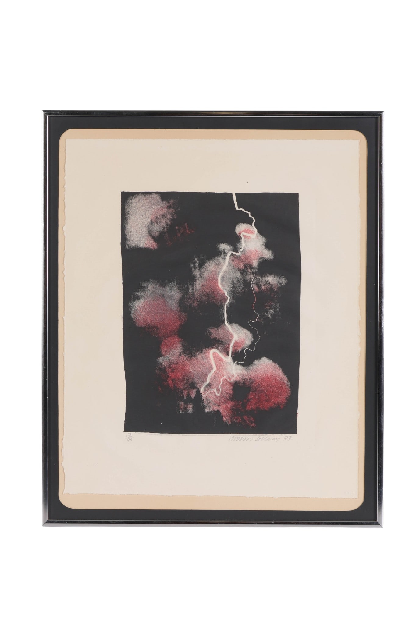 David Hockney b.1937 Lightning Lithograph SIGNED: David Hockney (British, born 1937), Small Study of Lightning, color lithograph on deckled edge paper. The composition features abstract cloudlike forms in red and white on a dark background, bisected