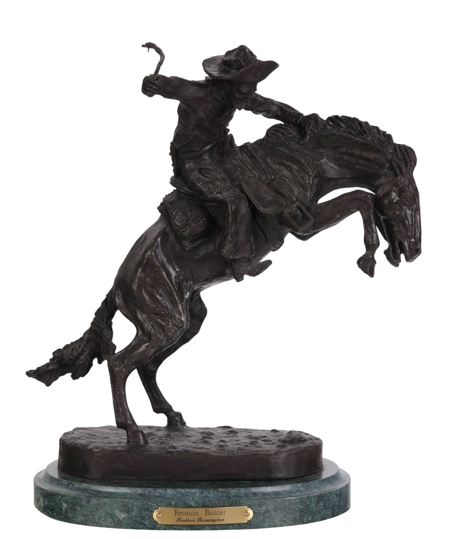 Bronze Bronco & Cowboy Sculpture after F Remington: After Frederic Remington (American,1861-1909), "Bronco Buster" cast bronze sculpture depicting a western cowboy breaking a rearing horse. Sculpture affixed to green marble plinth. Artist signature to