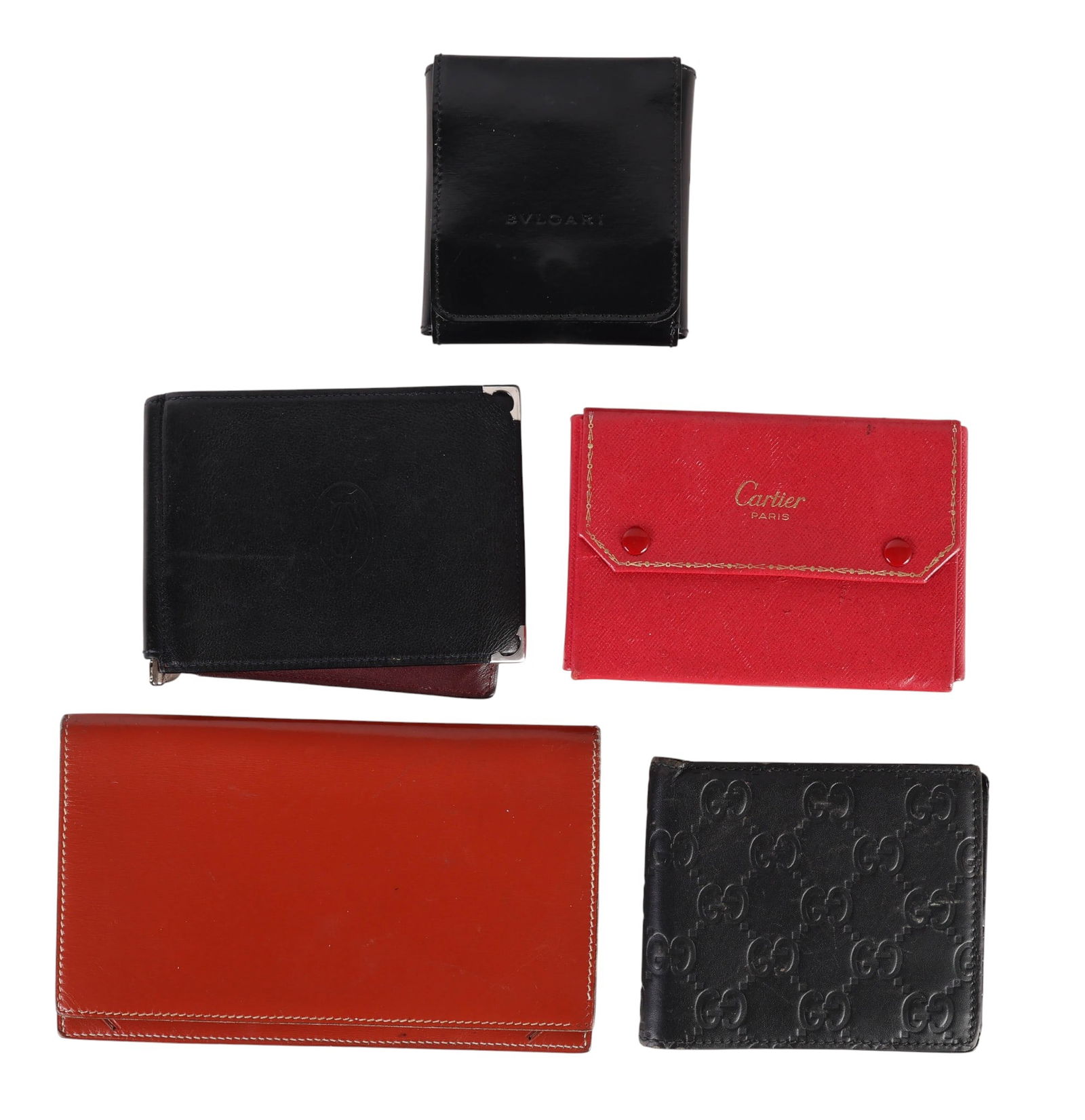 Cartier Gucci Hermes Bvlgari Cufflinks Wallet LOT: Six-piece luxury designer estate lot including a Gucci black leather bifold wallet with GG pattern and interior stamped "Gucci Made in Italy"; a Cartier red Saffiano leather card case containing four