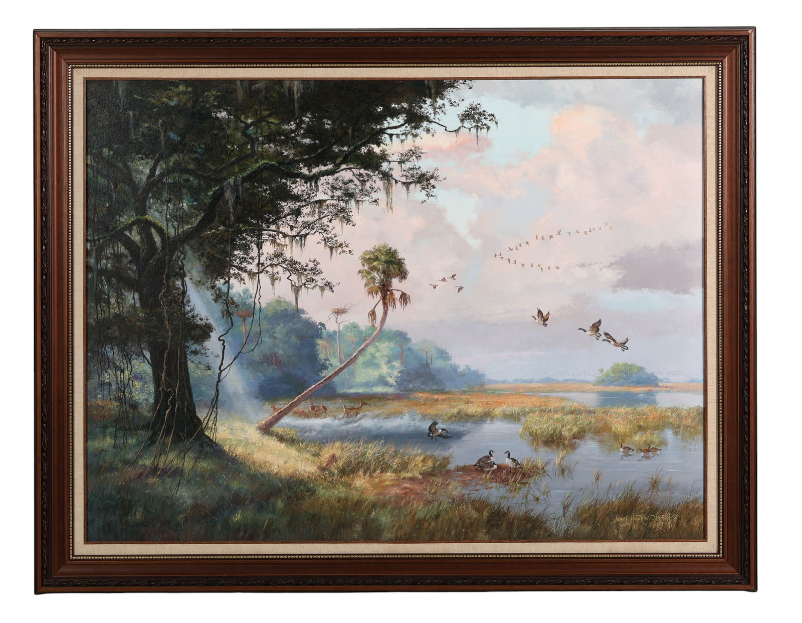 James Hutchinson 1932-2023 Landscape Oil Painting: James Frederick Hutchinson (American, 1932-2023), oil on canvas Florida landscape painting depicting a southern marsh scene with flying and resting Canadian geese, deer running across open terrain, tr