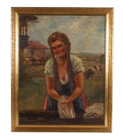 Farm Girl Pastoral Landscape Oil Painting SIGNED
