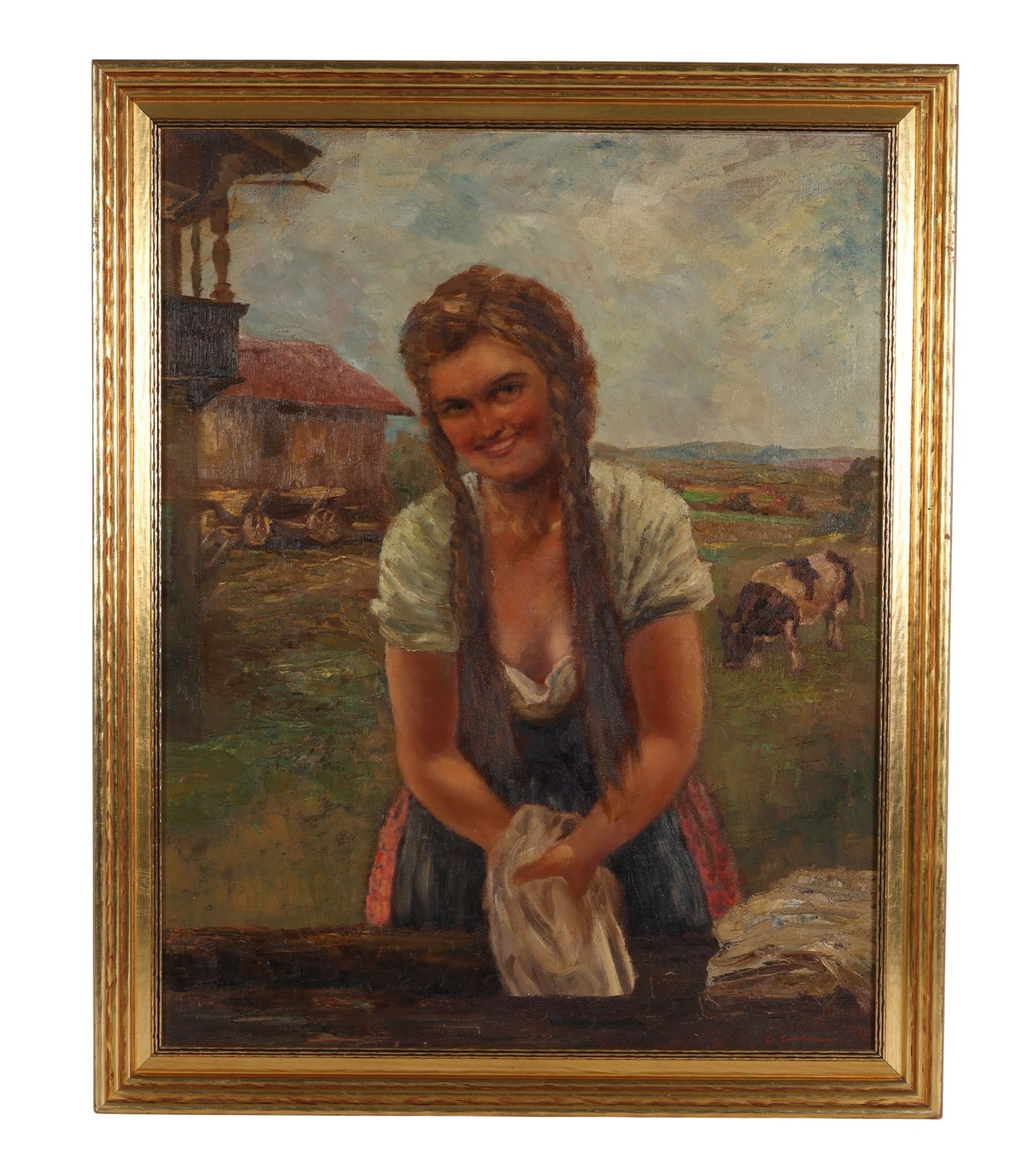 Farm Girl Pastoral Landscape Oil Painting SIGNED: European 20th century oil painting on board depicting a smiling farm girl with braided hair washing laundry outdoors, with a cow and barn in the pastoral background. Signed lower right. Housed in a gi