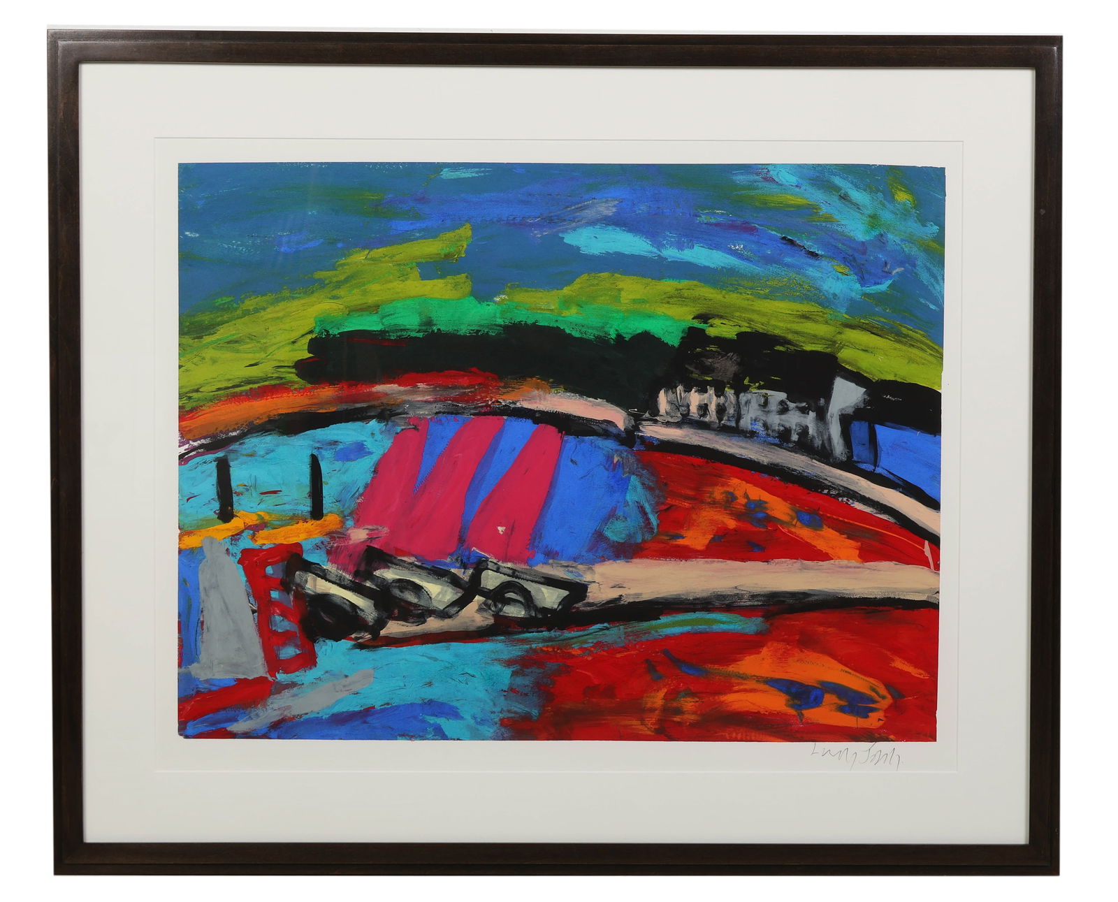 Lucy Barnes Abstract Landscape Gouache Painting: Lucy Barnes (20th/21st century) gouache painting on paper featuring an abstract landscape in tones of blue, green, red, and orange, with brushwork suggesting sails, shoreline, and architectural forms.