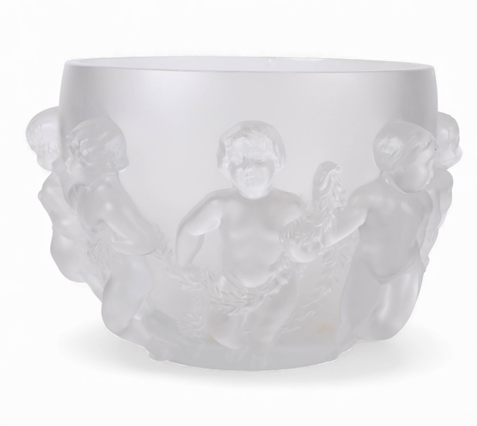 Lalique France Luxembourg Crystal Centerpiece Bowl: Lalique Luxembourg crystal centerpiece bowl featuring high-relief cherubs in a continuous frieze around the exterior. Crafted with thick-walled construction and signed "Lalique France" on the side of