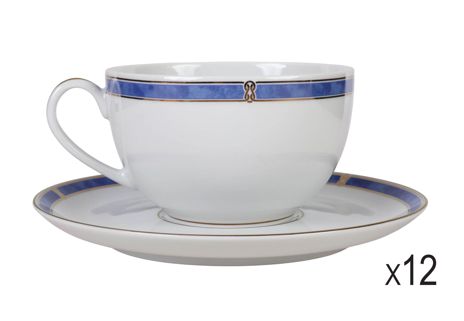 Christofle Oceana Blue Porcelain Teacup Saucer SET: Christofle twenty-four piece French porcelain teacup and saucer set in the Ocean Blue pattern, produced between 1996 and 2001. Includes twelve cups and twelve coordinating saucers, each featuring a co