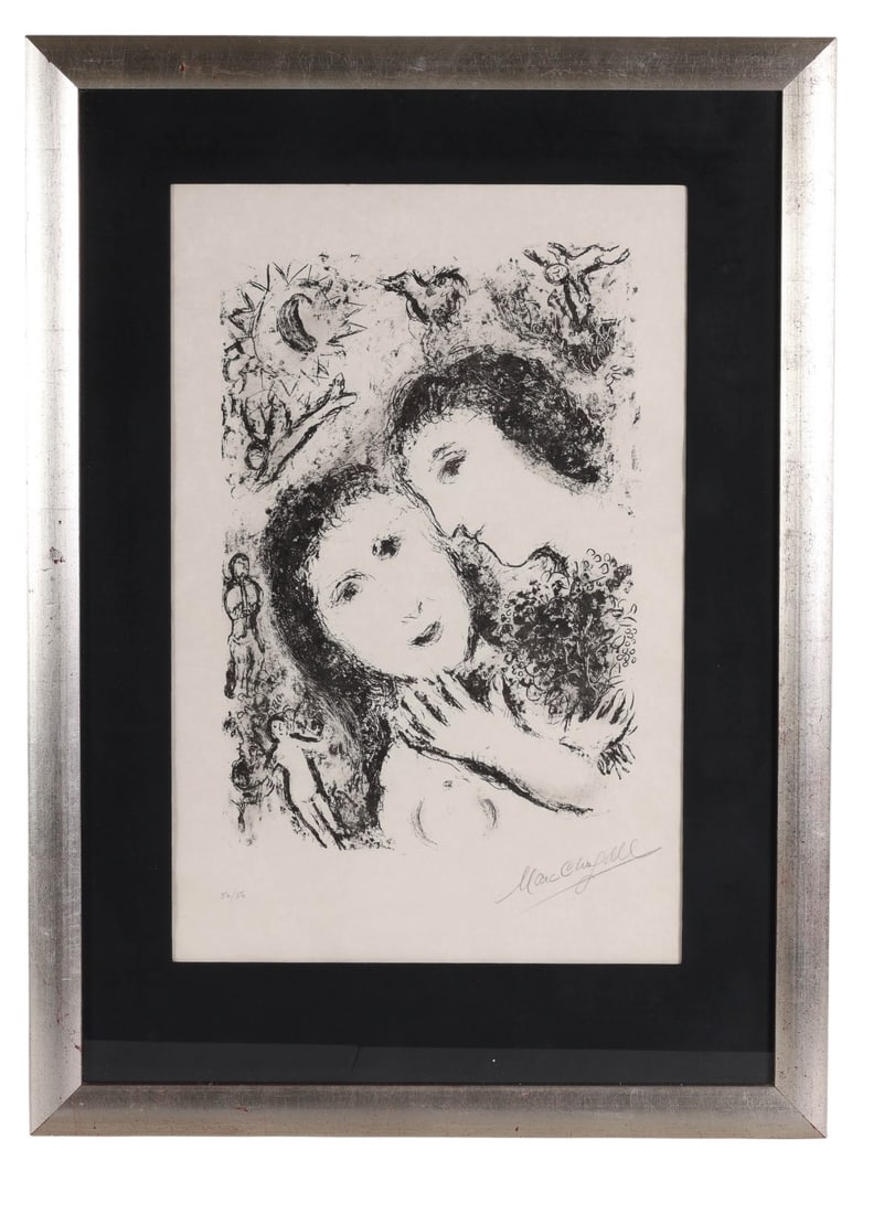 Marc Chagall 1887-1985 Le Couple Litho SIGNED: Marc Chagall (French/Russian, 1887-1985), Le Couple Aux Anges, monochrome lithograph on paper depicting two stylized figures in a dreamlike embrace surrounded by symbolic and ethereal motifs. Signed i