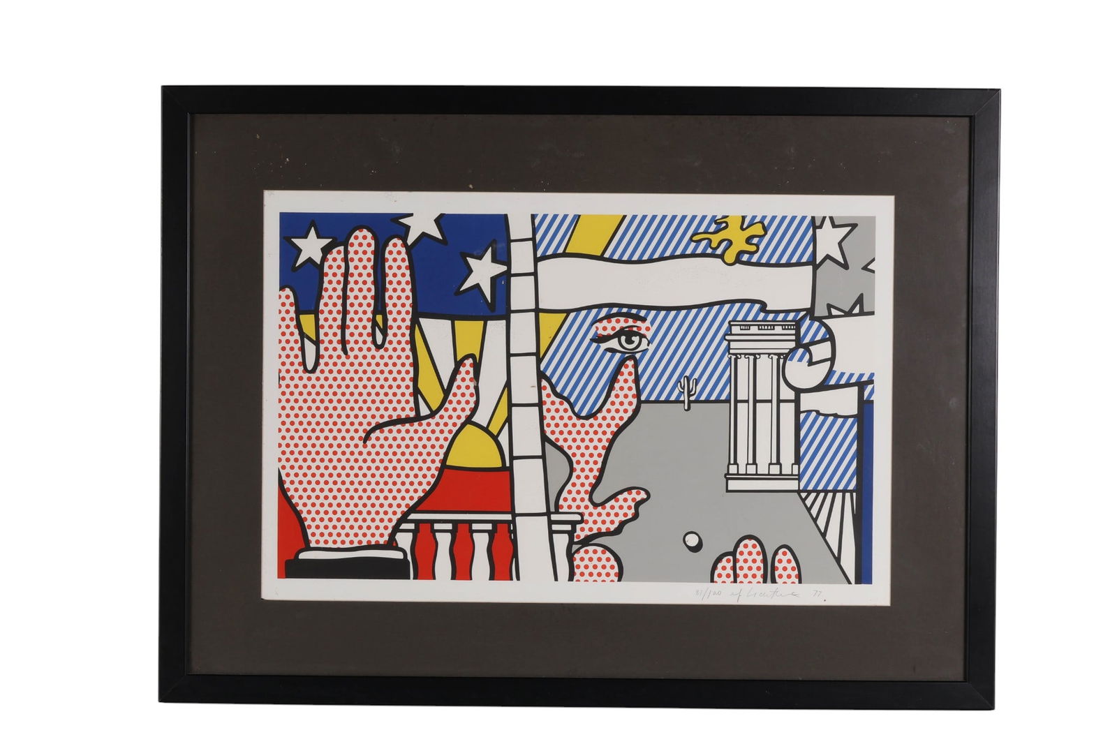 Roy Lichtenstein 1923-1997 Inaugural 1977 SIGNED: Roy Lichtenstein (American, 1923-1997), Inaugural 1977, color lithograph depicting graphic hands, architectural elements, and patriotic motifs including stars and stripes, executed in Lichtensteins si
