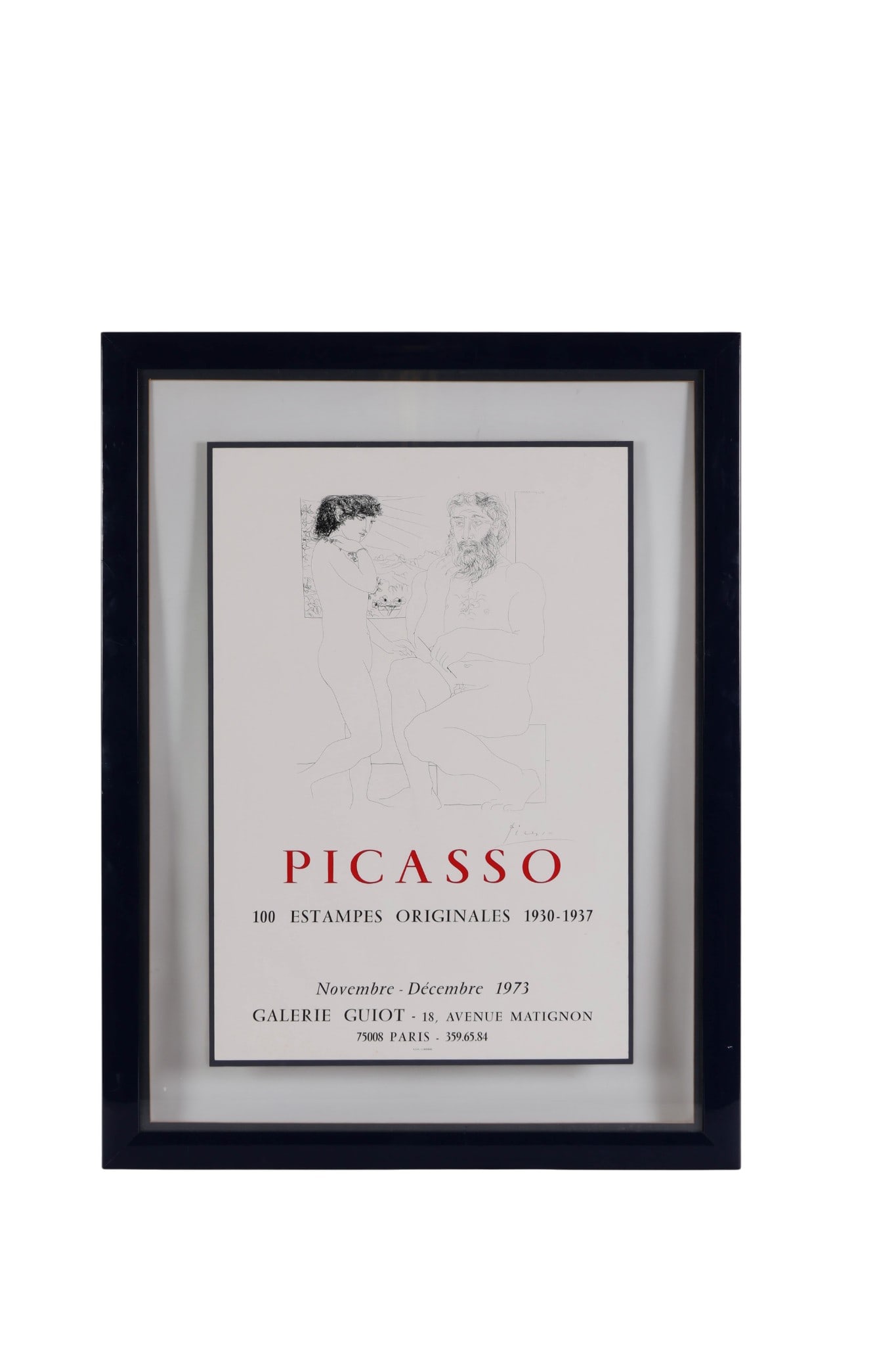 Picasso Galerie Guiot Expo Art Poster 1973 SIGNED: Galerie Guiot art exhibition poster on paper for Picasso: 100 Estampes Originales 1930-1937, held in Paris from November to December 1973. Printed by A.G.A. Libourne, the monochrome design features li