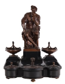 F Barbedienne Seated Roman Bronze & Marble Inkwell