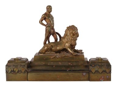 Michael Six 1874-1938 Lion and Male Bronze Inkwell