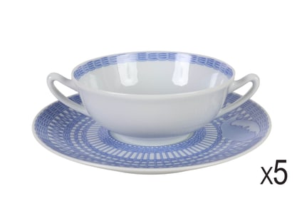 Hermes Les Piviones Blue Cream Soup and Saucer LOT
