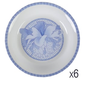 Hermes Porcelain Les Pivoines Blue Soup Bowls SET